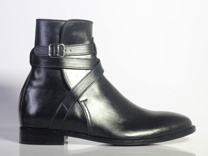 stylish black leather boots featuring decorative buckles on the side