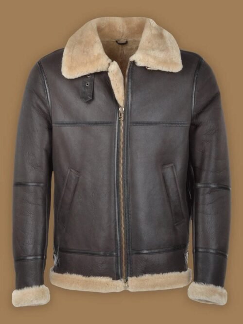 Stylish brown leather jacket adorned with a plush shearling collar