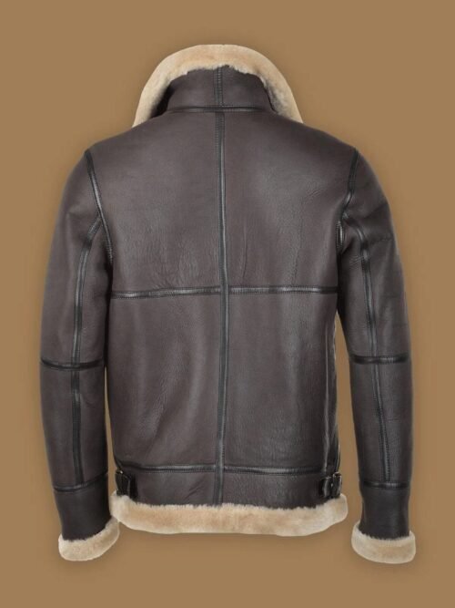 Stylish brown leather jacket adorned with a plush shearling collar