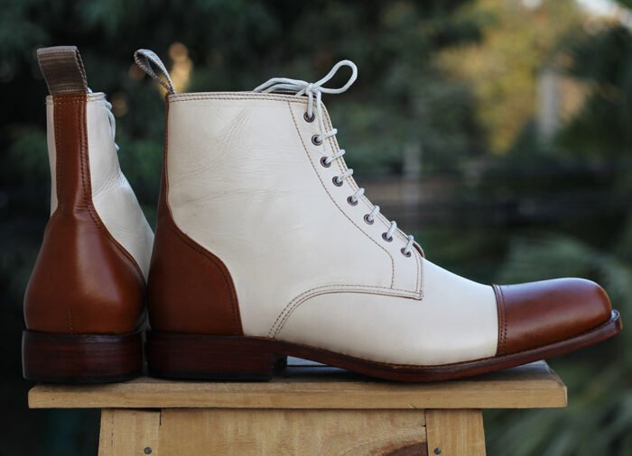 Handmade Men’s Cream Brown Cap Toe Ankle Boots, Men Leather Lace Up Fashion Boot