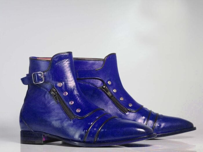 Purple Ankle High Boots Men Cap Toe Buckle & Zipper Leather Boot - Image 2