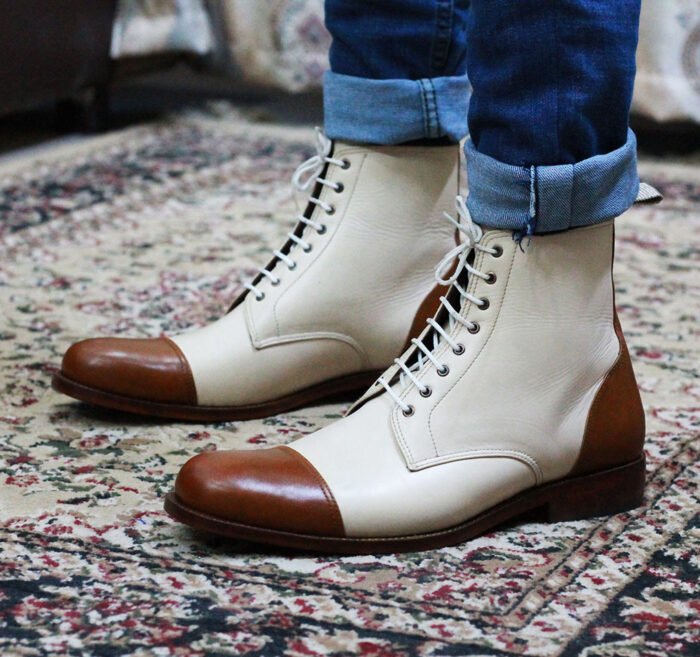 Handmade Men’s Cream Brown Cap Toe Ankle Boots, Men Leather Lace Up Fashion Boot