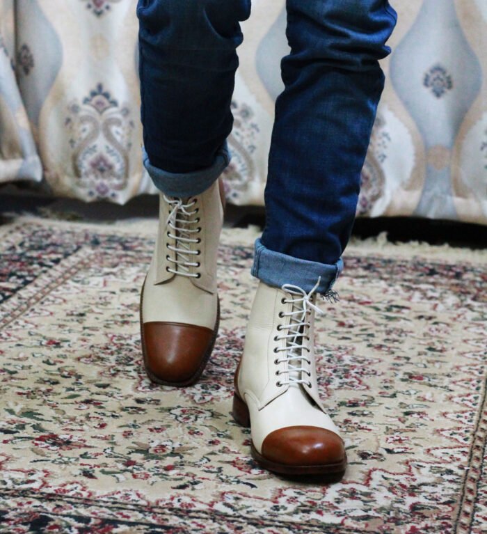 Handmade Men’s Cream Brown Cap Toe Ankle Boots, Men Leather Lace Up Fashion Boot