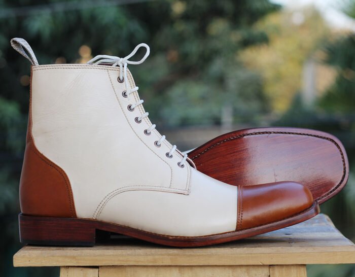 Handmade Men’s Cream Brown Cap Toe Ankle Boots, Men Leather Lace Up Fashion Boot