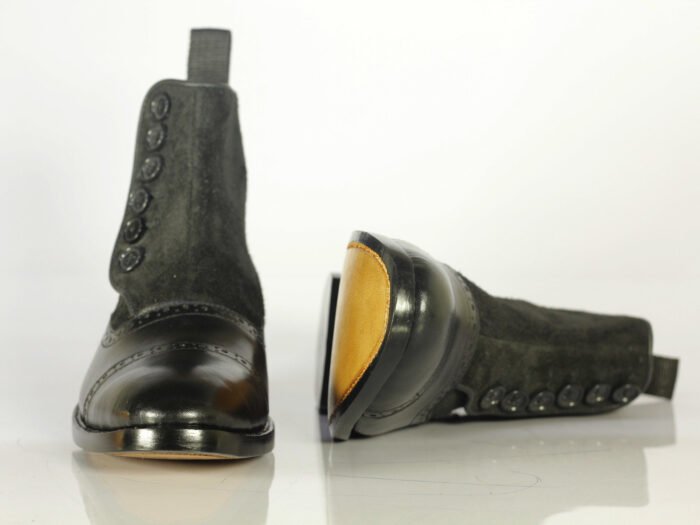 Designer Handmade Men's Black Cap Toe Boots, Men Leather Suede Button Boots - Image 4