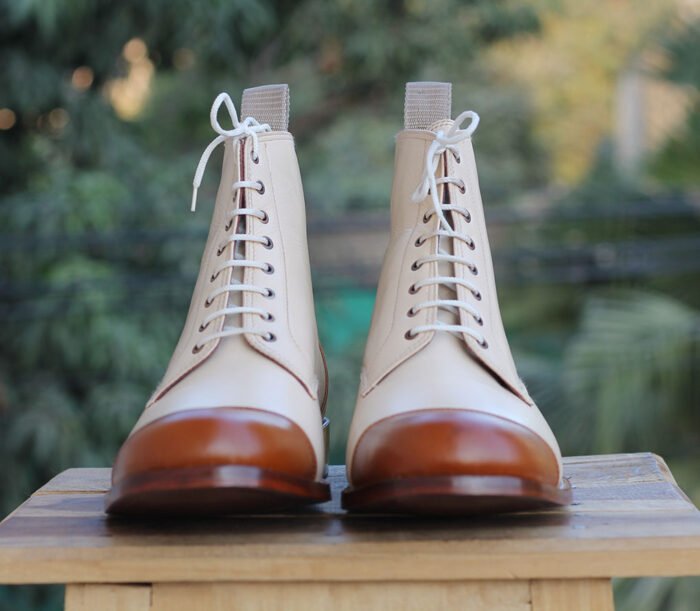 Handmade Men’s Cream Brown Cap Toe Ankle Boots, Men Leather Lace Up Fashion Boot