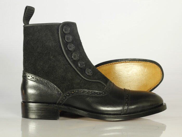 Designer Handmade Men's Black Cap Toe Boots, Men Leather Suede Button Boots - Image 3