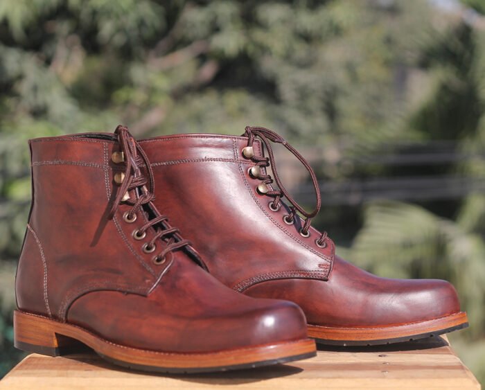Men Handmade Ankle Boot Burgundy Leather High Lace Up Designer Boot - Image 2