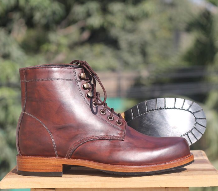 Men Handmade Ankle Boot Burgundy Leather High Lace Up Designer Boot - Image 3
