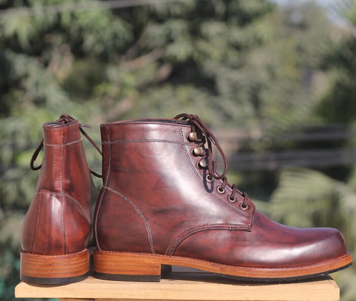 Men Handmade Ankle Boot Burgundy Leather High Lace Up Designer Boot - Image 4