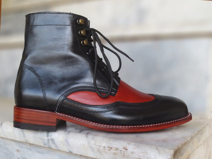 Men’s Handmade Ankle Boots,High Leather Lace Up Black Brown Wing Tip Boot - Image 2