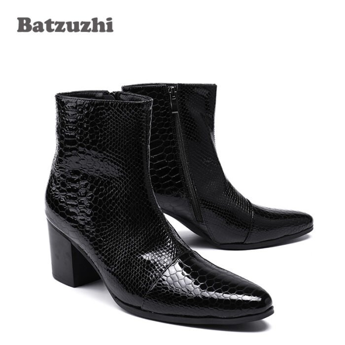 Men Leather Ankle Boot 7CM High Heels Boots Pointed Toe Black Boot - Image 2