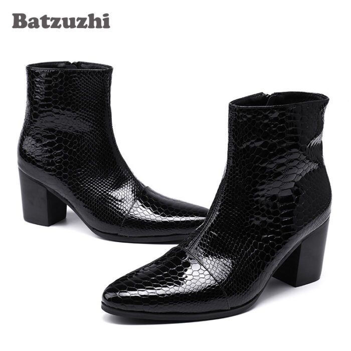 Men Leather Ankle Boot 7CM High Heels Boots Pointed Toe Black Boot - Image 3