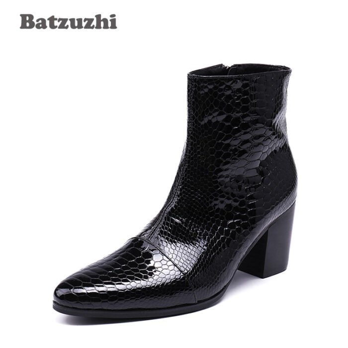 Men Leather Ankle Boot 7CM High Heels Boots Pointed Toe Black Boot - Image 5